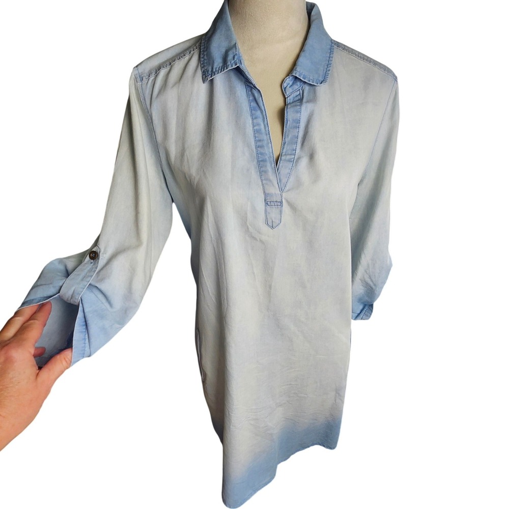 Luxology Womens 8 Light‎ Wash Denim Shirt Dress Blue Roll Tab Sleeve Pockets
